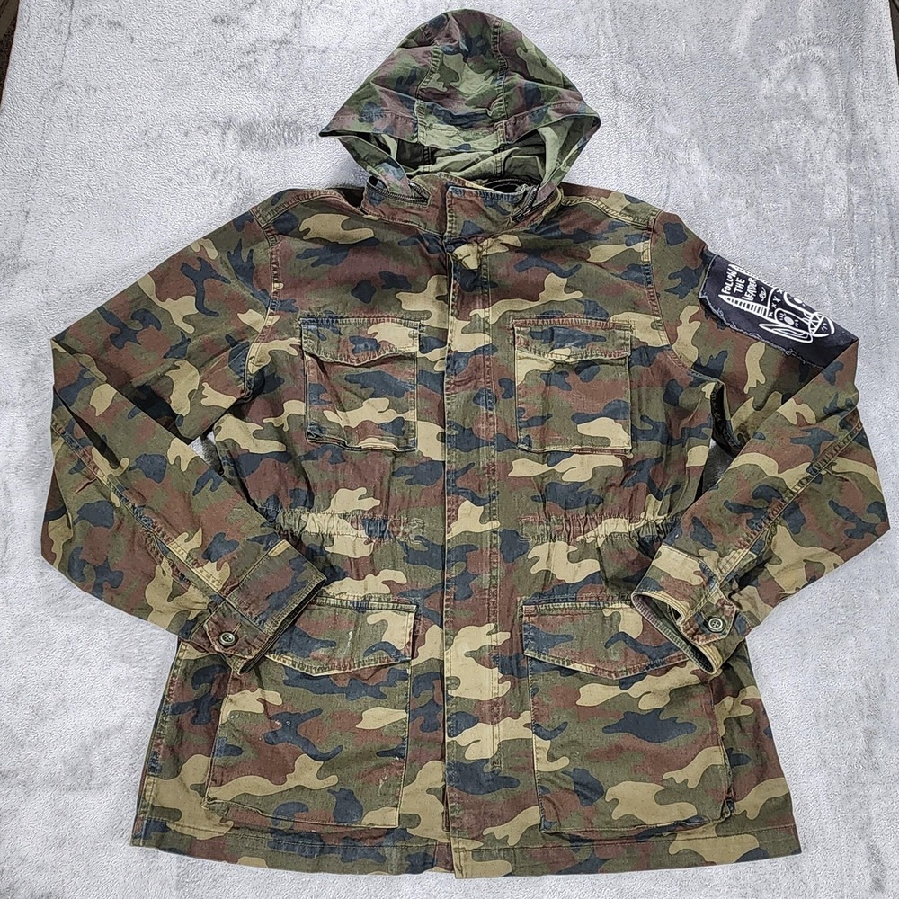 Old Navy Jacket Mens XLT Camo Hooded Canvas Military Field Zip Patch Utility